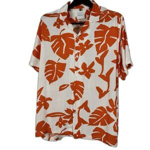 Denim & Flower Ricky Singh Mens Large Button-Up Orange Tropical Leaf Print Shirt